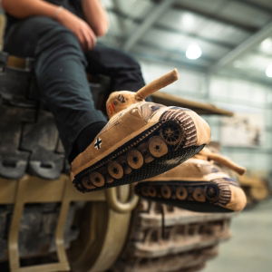 person wearing slippers whilst sat on a tank