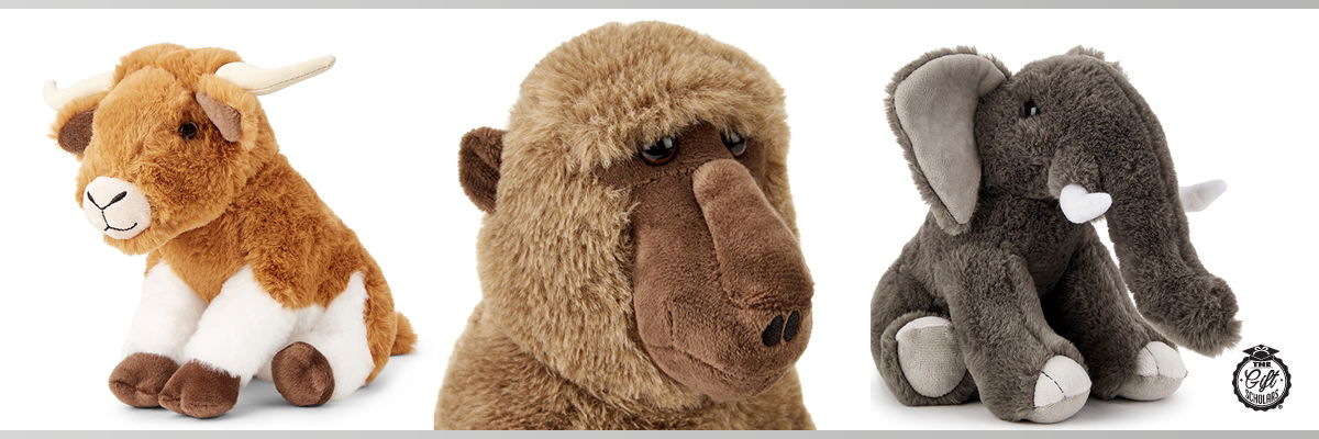 Three animal plush sat against a white background
