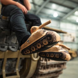 Person wearing slippers that look like tanks whilst sat atop a tank